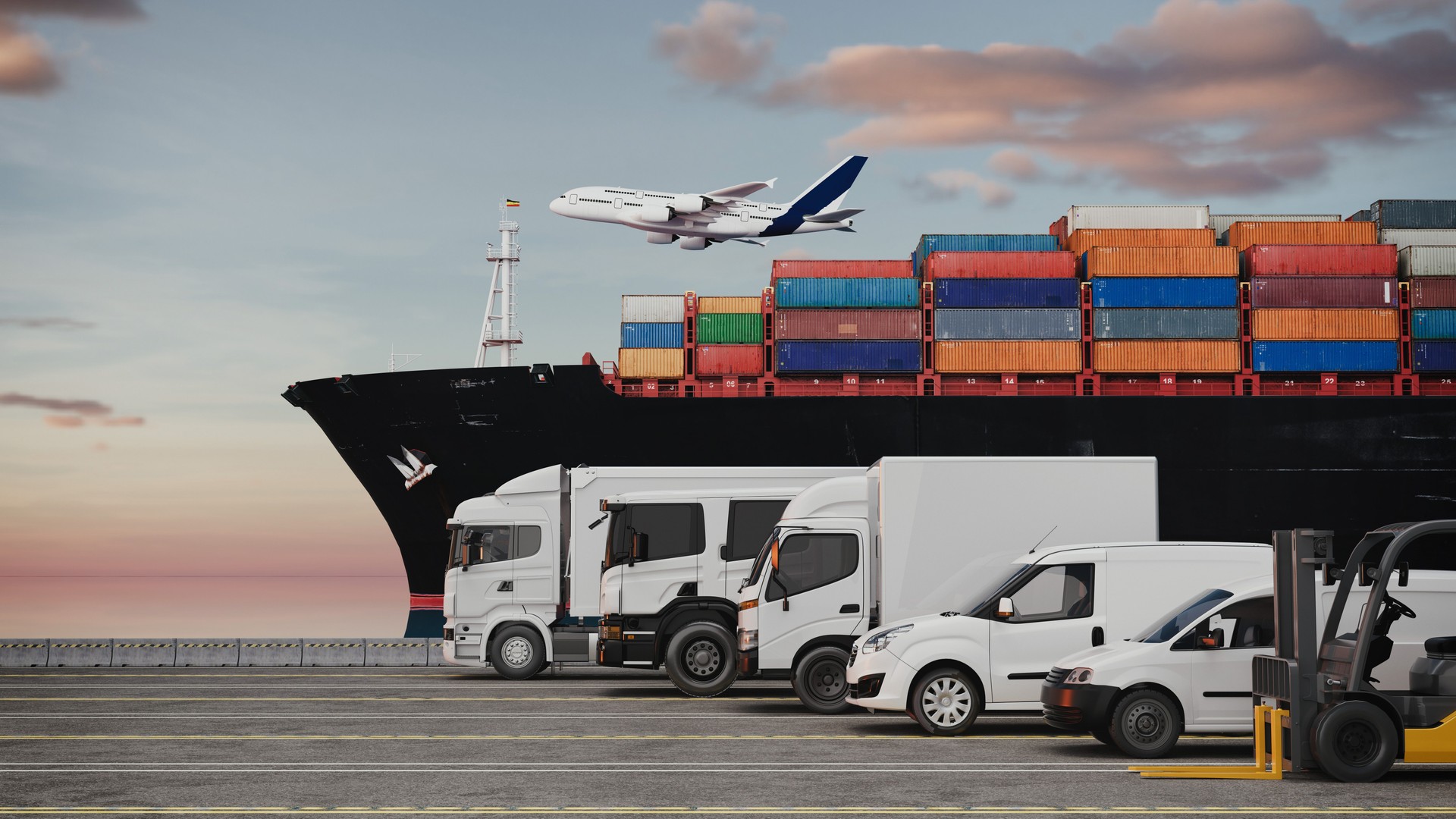 3D Rendering of Multimodal Transport with Ship, Trucks, and Plane